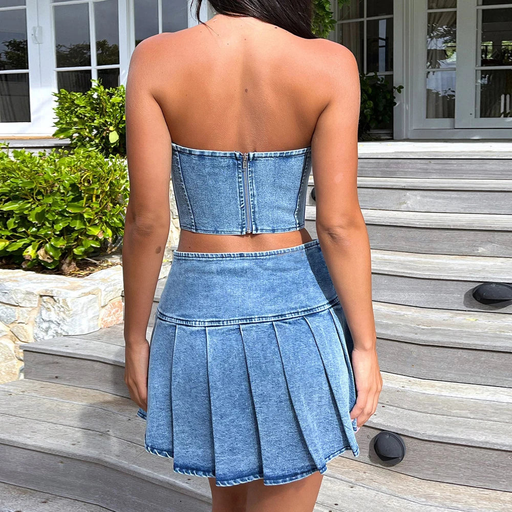 IMIEMIE Sexy Summer Outfits Women 2024 Fashion Jean Dress with Skirt 2 Piece Sets Bustier Blue Denim Two Piece Outfit Split Skirt Set