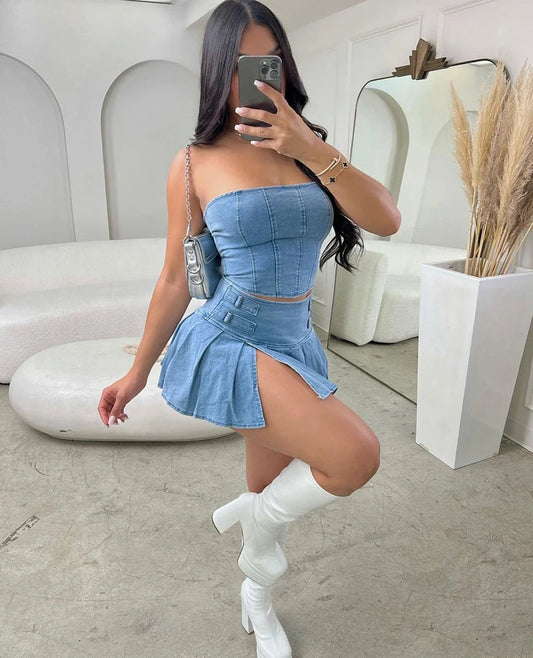 IMIEMIE Sexy Summer Outfits Women 2024 Fashion Jean Dress with Skirt 2 Piece Sets Bustier Blue Denim Two Piece Outfit Split Skirt Set