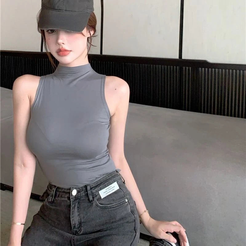 IMIEMIE Sexy Tank Top Solid Halter Crop Tops Women Summer Camis Turtleneck Camisole Fashion Casual Tube Female Sleeveless Cropped Vest