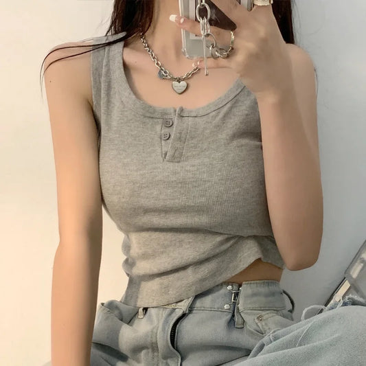 IMIEMIE Sexy Tank Top for Women Solid Sleeveless Ribbed Knit Vest Top Cropped Woman Female Clothes