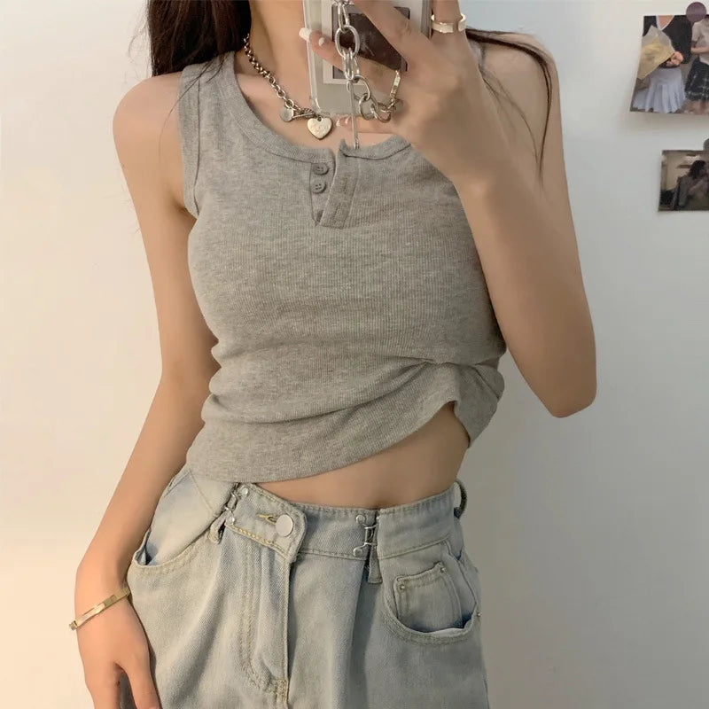 IMIEMIE Sexy Tank Top for Women Solid Sleeveless Ribbed Knit Vest Top Cropped Woman Female Clothes