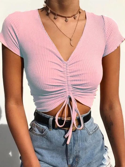 IMIEMIE Sexy V Neck Cropped Tank Tops Women Drawstring Tie Up Front Camis Candy Colors Streetwear Slim Fit Ribbed Crop Top