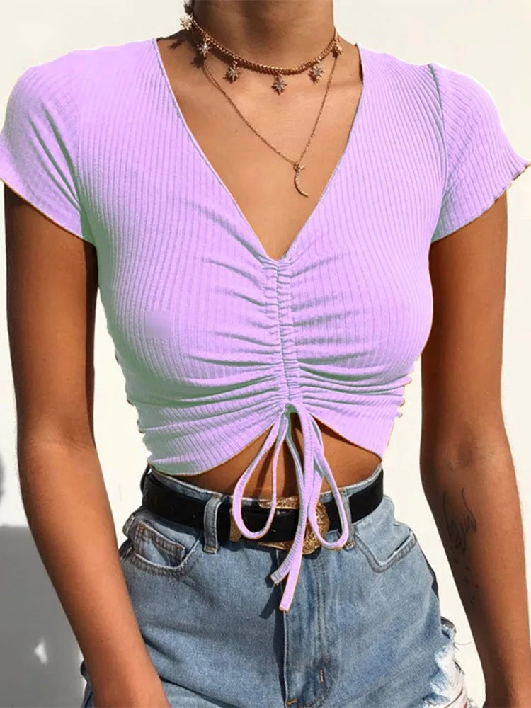 IMIEMIE Sexy V Neck Cropped Tank Tops Women Drawstring Tie Up Front Camis Candy Colors Streetwear Slim Fit Ribbed Crop Top