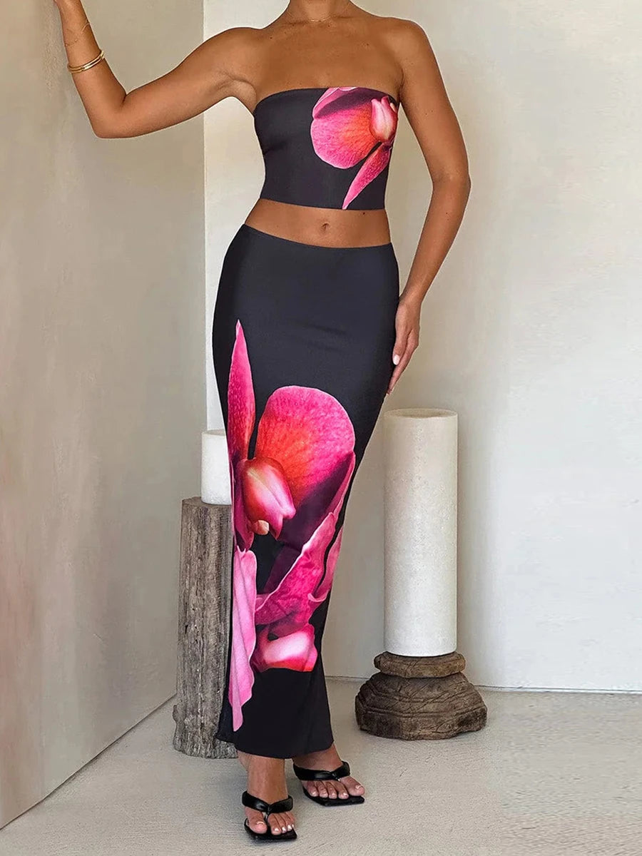 IMIEMIE Sexy Women 2 Piece Outfits Floral Print Tube Tops and Elastic Bodycon Long Skirt Set for Streetwear Aesthetic Clothes