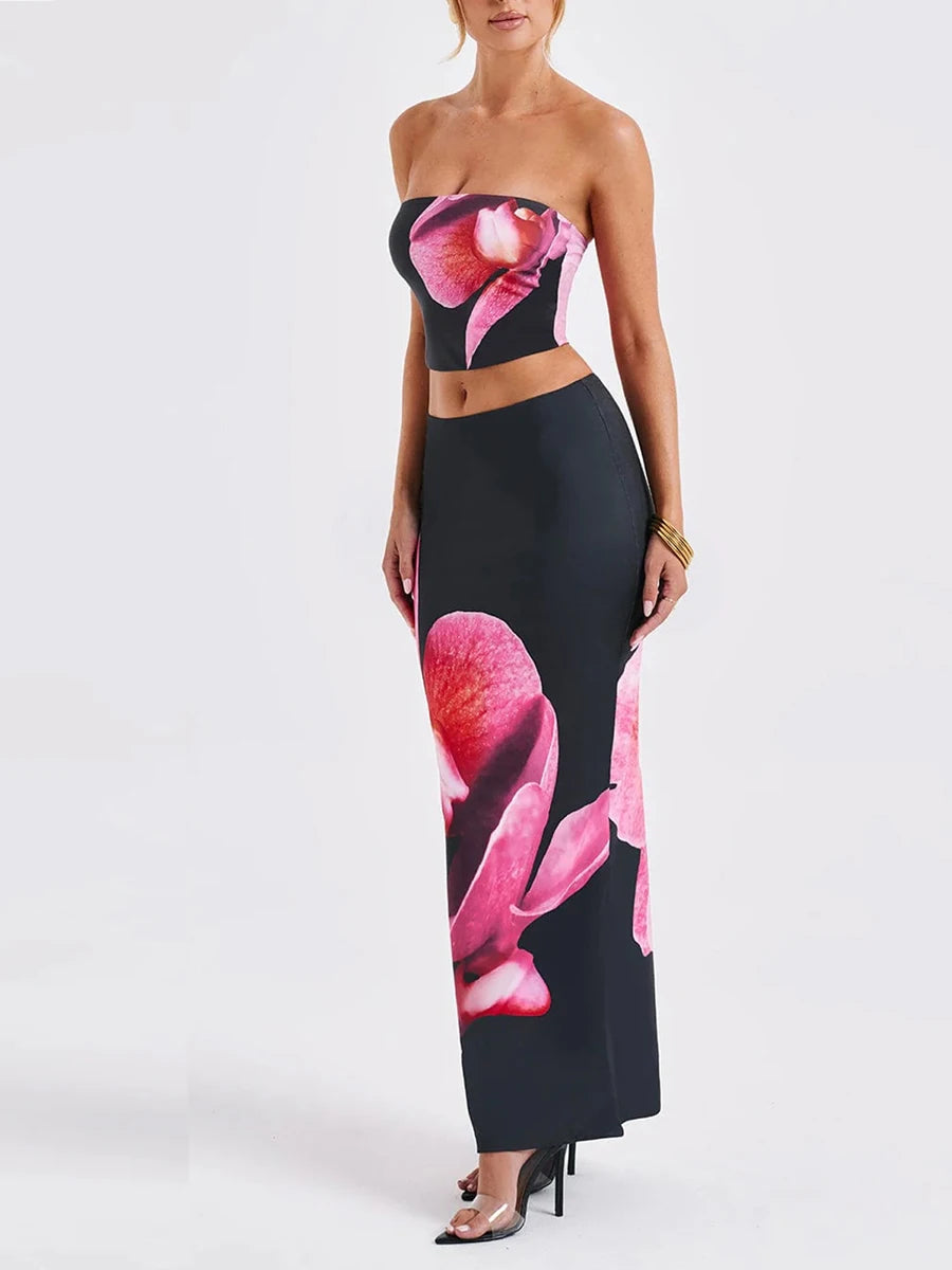 IMIEMIE Sexy Women 2 Piece Outfits Floral Print Tube Tops and Elastic Bodycon Long Skirt Set for Streetwear Aesthetic Clothes