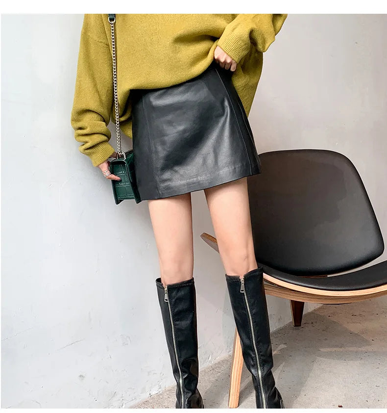 IMIEMIE Sheepskin Leather Skirt Women 2024 Fashion New High Waist Skirt Spring Autumn Slim Mini Skirt Genuine Leather Shorts Boots Y2k