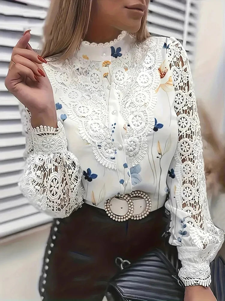 IMIEMIE Shirts Elegant Office Ladies White Collared Lace Patchwork Hollow Out Button Up Womens Tops And Blouses 2024 Fashion New Blouse