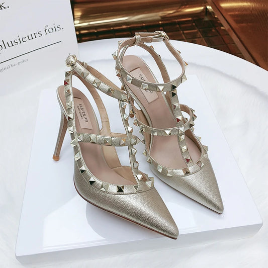 IMIEMIE Shoes Woman 2024 trend Women's Gladiator Sandals Summer Rivet High Heels Pointed Toe Luxury Elegant Designer Party Ladies Shoes