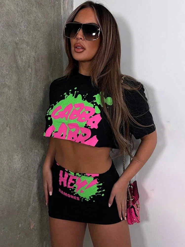 IMIEMIE Sifreyr Letter Print Black 2 Piece Set Women Matching Streetwear Suits O Neck Short Sleeve Bare Midriff Crop Top+mini Skirt Sets