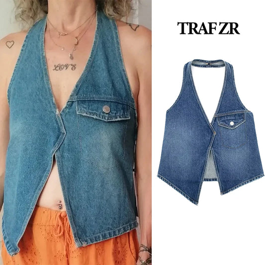 IMIEMIE Sivatu Traf Vitage High Street Top Women Crop Top Y2k Harajuku Women's Cropped Gothic Sexy Denim Top Vest for Women Corset