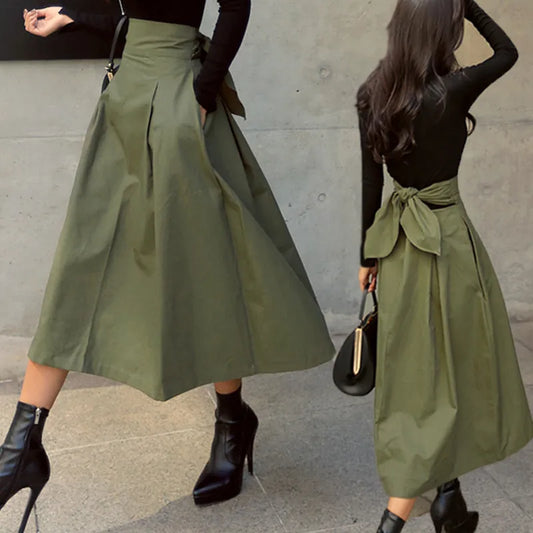 IMIEMIE Skirts Womens Korean Fashion Solid Color Big Swing Ladies Skirt Long Skirt 2024 Autumn Wild High Waist Bow Slim Skirts