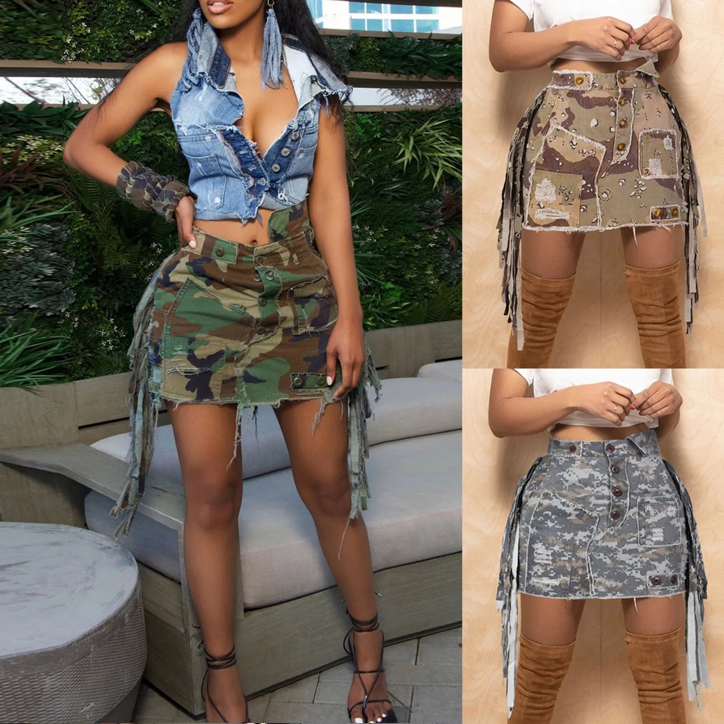 IMIEMIE Skirts for Women Fashion High Waist Wrap Hip Camouflage Jean Skirt Ladies Side Lace Up A-Line Casual Comfty Breath Skirt