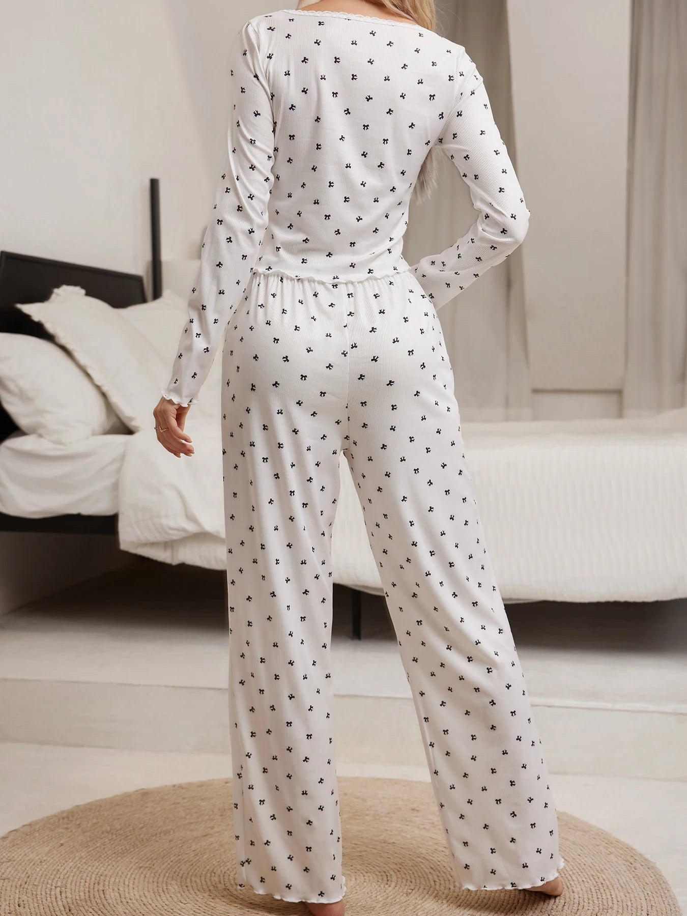 IMIEMIE Sleepwear Suit Cute Bowknot Print  Lettuce Trim Top with Long Pant Lovely Loungewear Full Sleeve Nightwear Autumn Pajamas Set