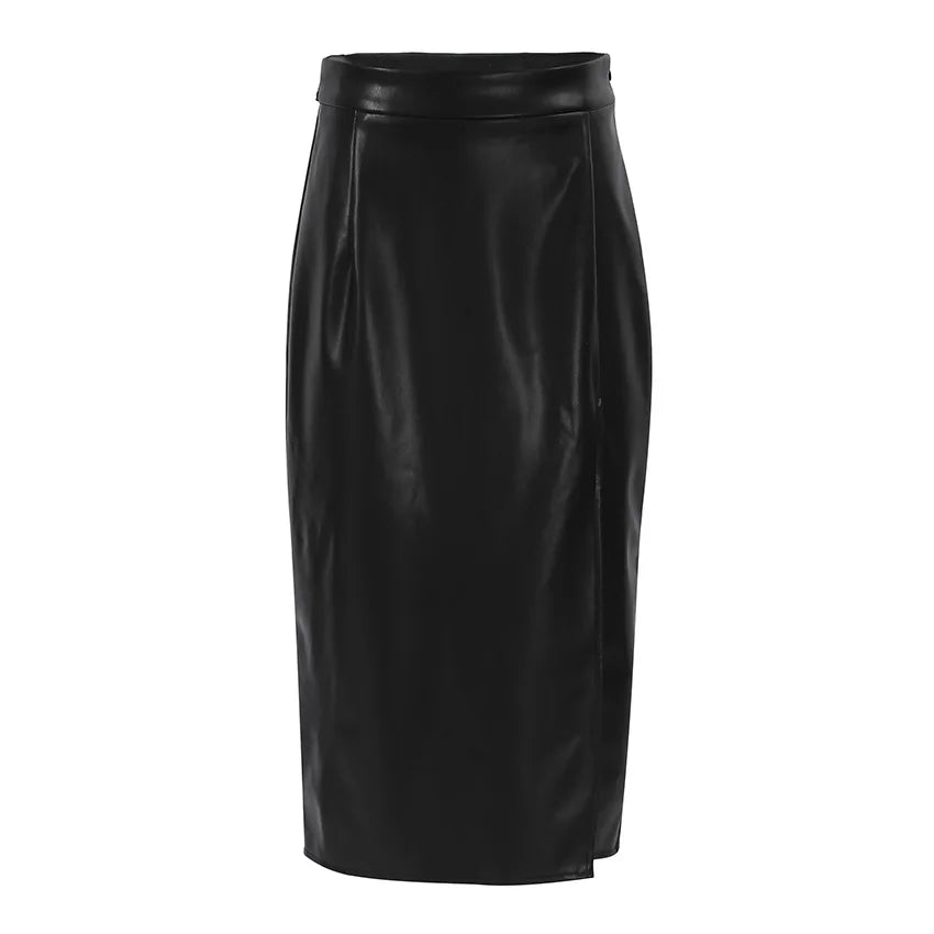 IMIEMIE Slit PU Leather Mid-length Skirt Women's Autumn and Winter Sexy Black High Waist Ladies Office Pencil A-line Skirt