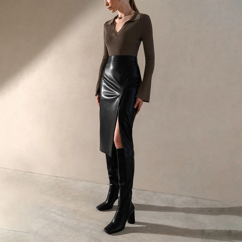 IMIEMIE Slit PU Leather Mid-length Skirt Women's Autumn and Winter Sexy Black High Waist Ladies Office Pencil A-line Skirt