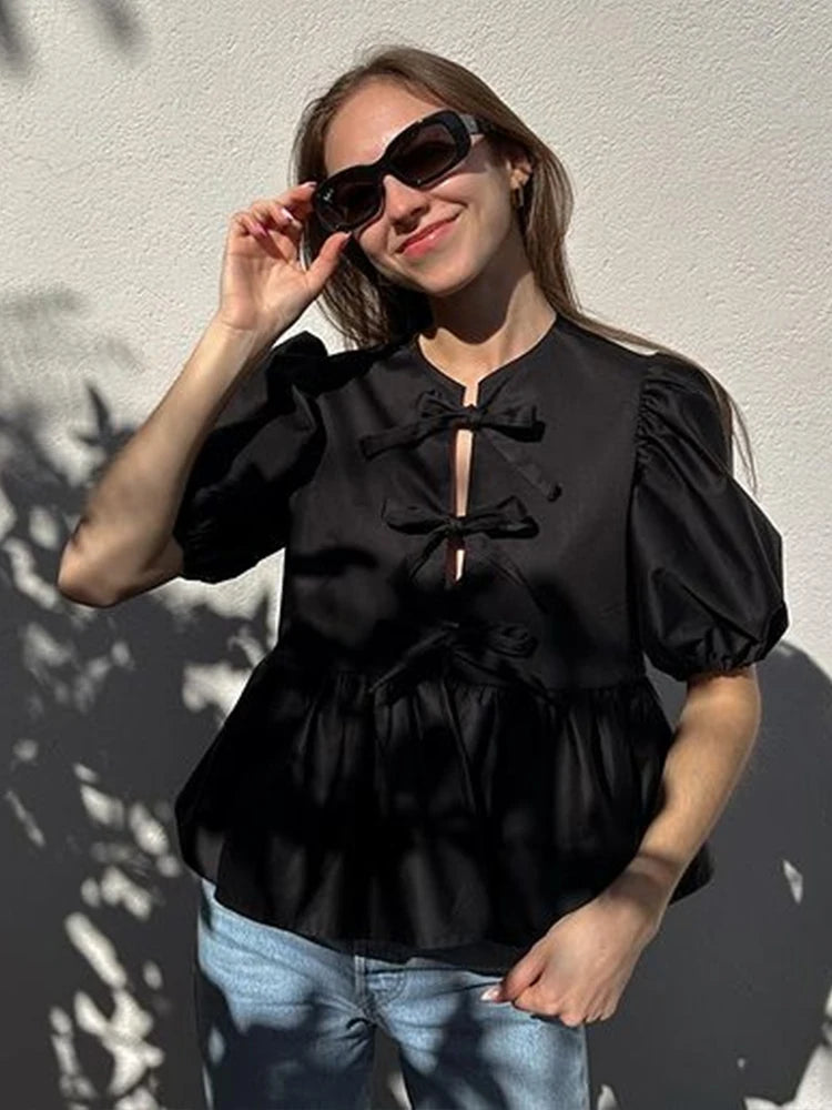 IMIEMIE Soild Short Puff Sleeve Blouse For Women 2024 Summer Folds Round Neck Bow Lace Up Shirts Elegant Office Lady Street Chic Tops