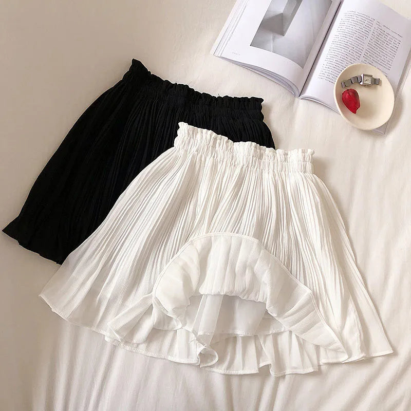 IMIEMIE Solid Chiffon Summer Shorts Skirt Women Fashion Elastic Waist Pleated Mini Skirt Casual Beach Faldas Saias