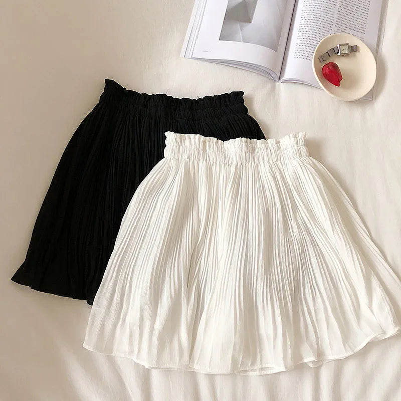 IMIEMIE Solid Chiffon Summer Shorts Skirt Women Fashion Elastic Waist Pleated Mini Skirt Casual Beach Faldas Saias