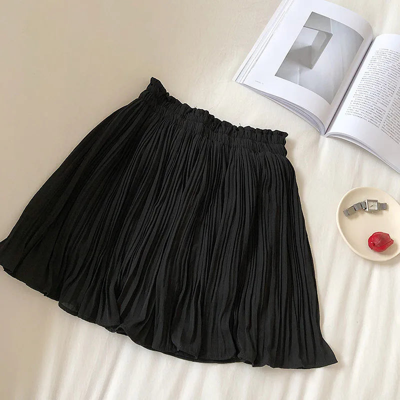 IMIEMIE Solid Chiffon Summer Shorts Skirt Women Fashion Elastic Waist Pleated Mini Skirt Casual Beach Faldas Saias