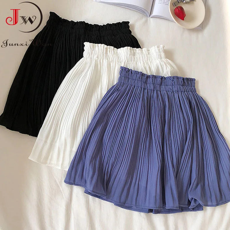 IMIEMIE Solid Chiffon Summer Shorts Skirt Women Fashion Elastic Waist Pleated Mini Skirt Casual Beach Faldas Saias