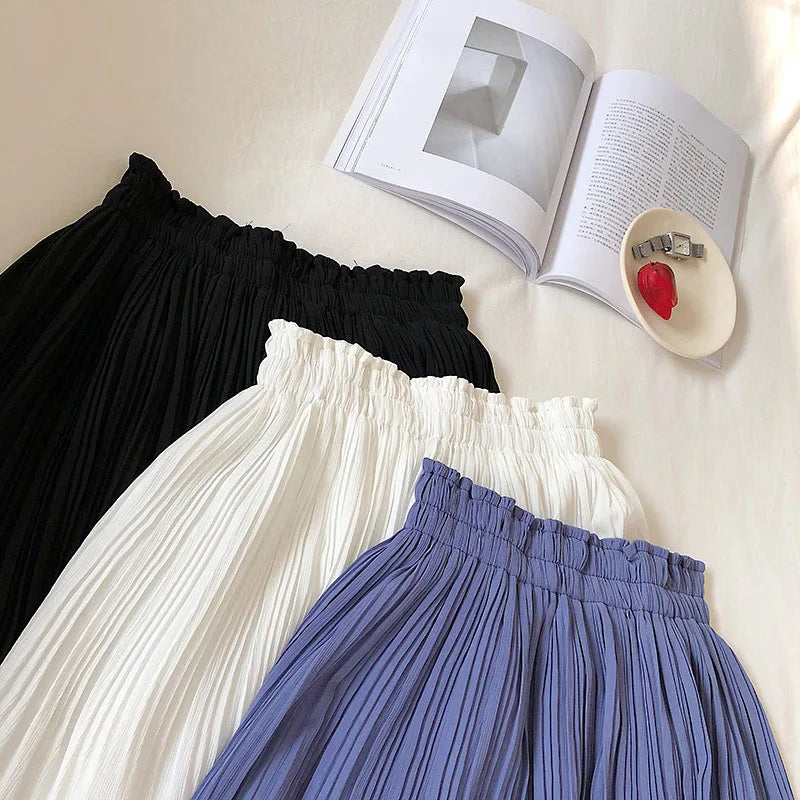 IMIEMIE Solid Chiffon Summer Shorts Skirt Women Fashion Elastic Waist Pleated Mini Skirt Casual Beach Faldas Saias