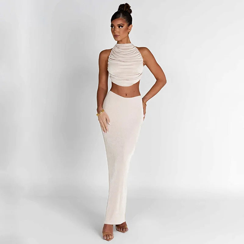 IMIEMIE Solid Color Casual Sleeveless Halter Backless Slim Long Dress Suit Women Sexy Fashion Temperament Two Pieces Skirt Set