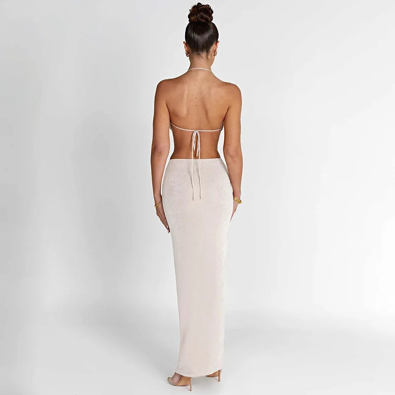 IMIEMIE Solid Color Casual Sleeveless Halter Backless Slim Long Dress Suit Women Sexy Fashion Temperament Two Pieces Skirt Set