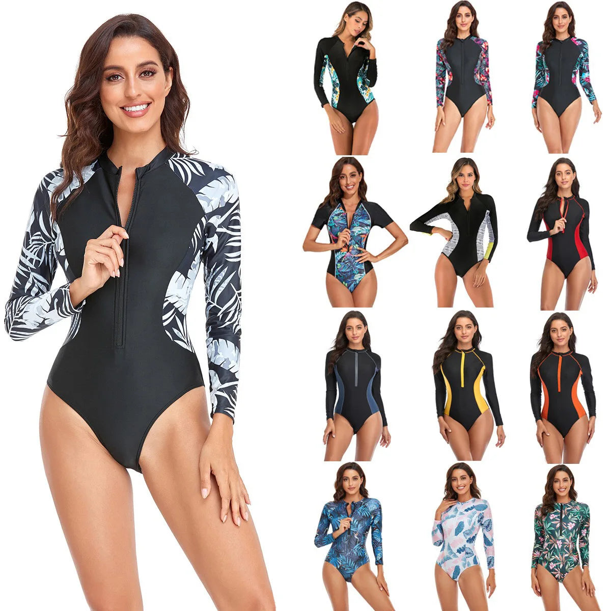 IMIEMIE Solid Color One-Piece Swimsuit Long Sleeve Swimwear Sports Women's Swimming Bathing Suit Beach Bather Surfing Swim Wear