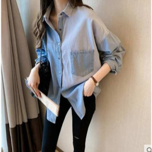 IMIEMIE South Korea 2024 Spring and Autumn New Korean Version Loose Bf Denim Shirt Women's Long-sleeved Top Design Shirt Jacket