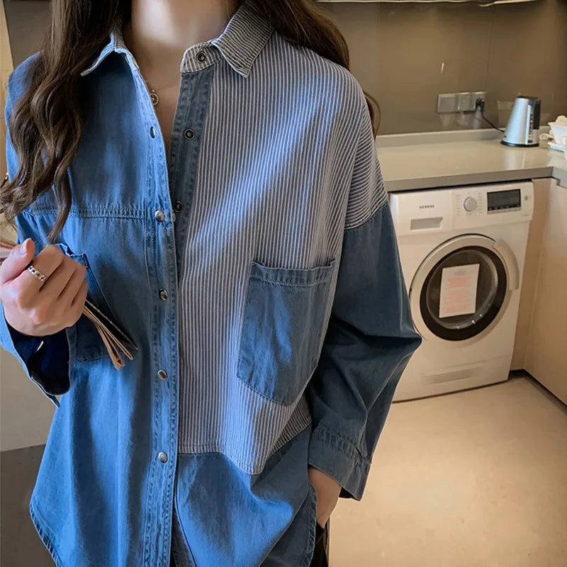 IMIEMIE South Korea 2024 Spring and Autumn New Korean Version Loose Bf Denim Shirt Women's Long-sleeved Top Design Shirt Jacket