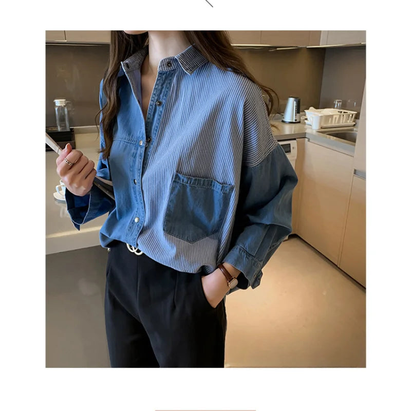 IMIEMIE South Korea 2024 Spring and Autumn New Korean Version Loose Bf Denim Shirt Women's Long-sleeved Top Design Shirt Jacket