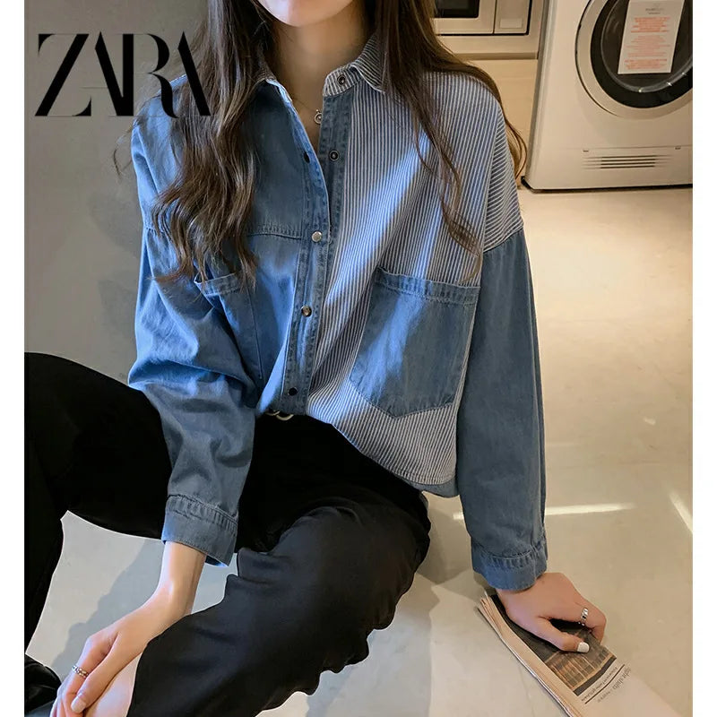 IMIEMIE South Korea 2024 Spring and Autumn New Korean Version Loose Bf Denim Shirt Women's Long-sleeved Top Design Shirt Jacket