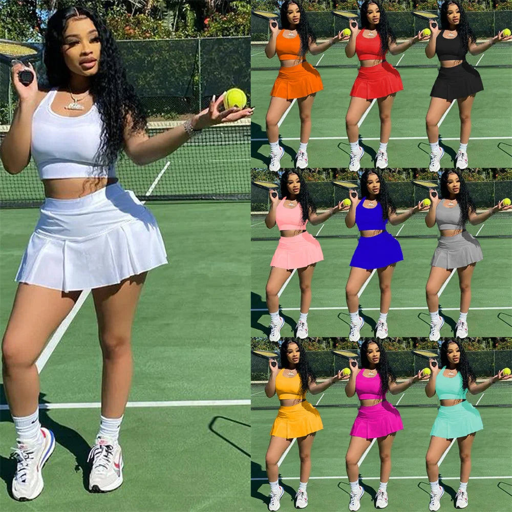 IMIEMIE Sporty Casual Two Piece Set for Women Sweat Suits Tank Crop Top and Mini Skirt Sets Workout Fitness Matching Sets Tracksuit