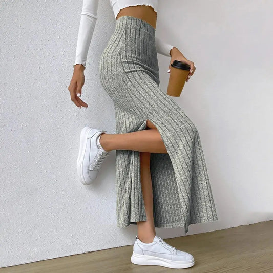 IMIEMIE Spring Autumn Casual Women High Waist Skirt Sexy Knitted Side Slit Skirt Elegant Solid Office Long Skirts For Women Fashion 2024