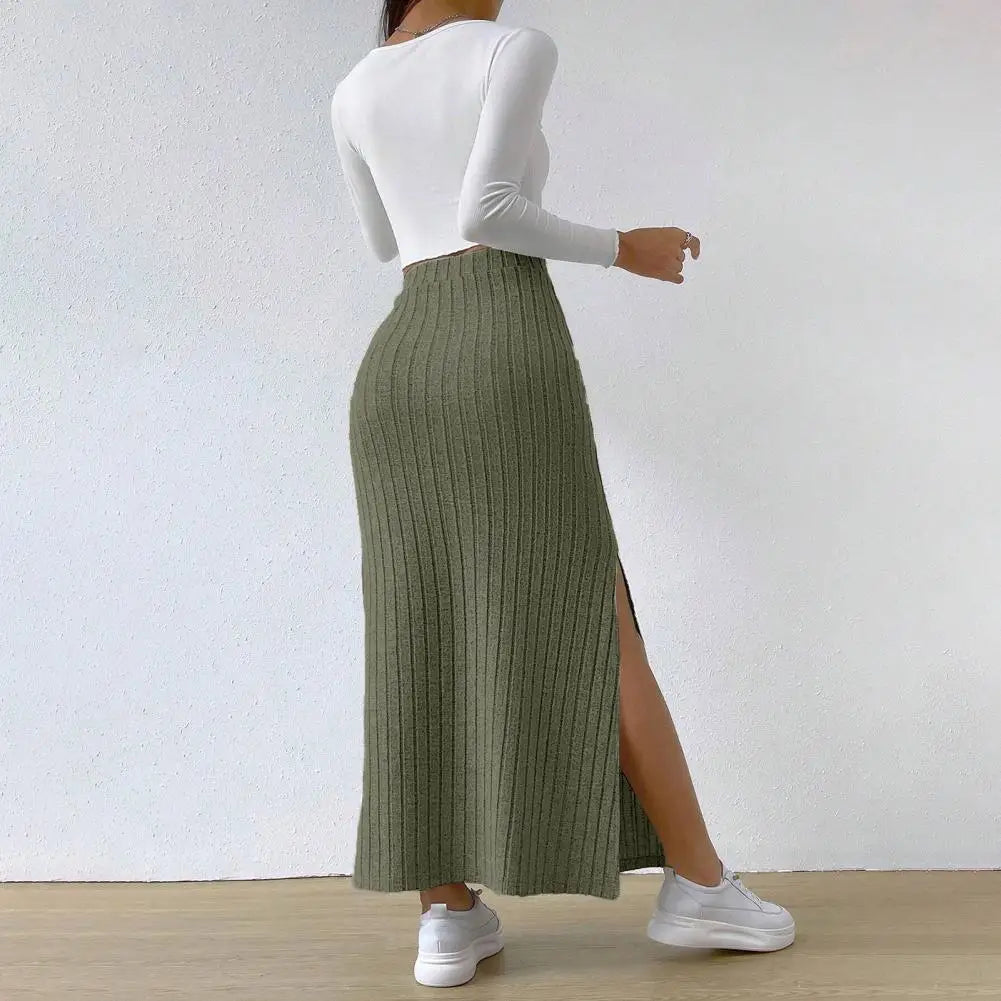 IMIEMIE Spring Autumn Casual Women High Waist Skirt Sexy Knitted Side Slit Skirt Elegant Solid Office Long Skirts For Women Fashion 2024