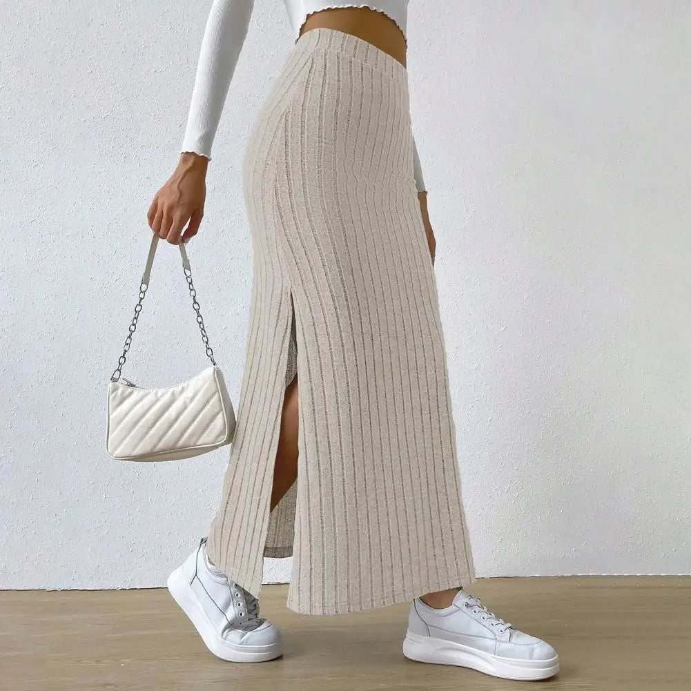 IMIEMIE Spring Autumn Casual Women High Waist Skirt Sexy Knitted Side Slit Skirt Elegant Solid Office Long Skirts For Women Fashion 2024