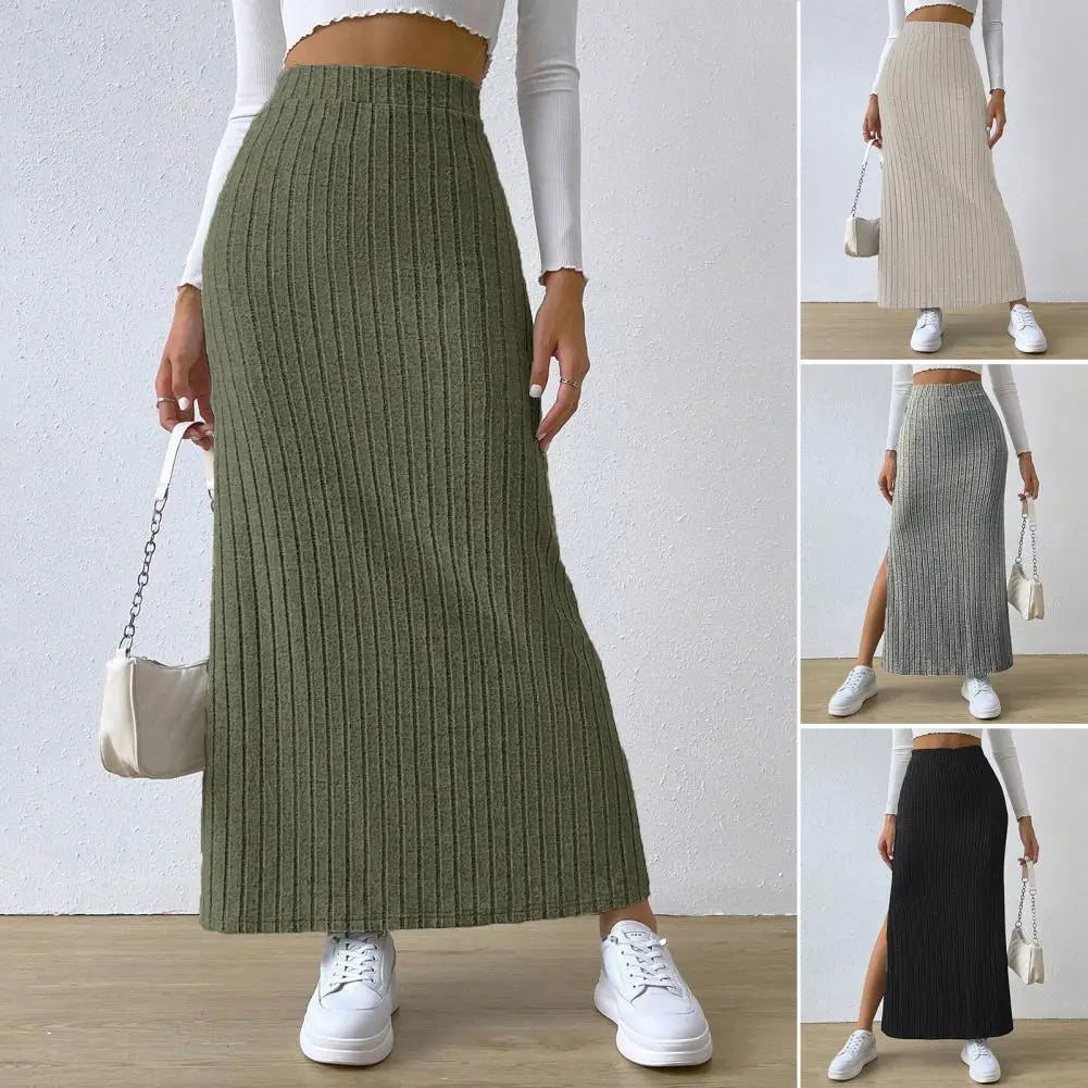 IMIEMIE Spring Autumn Casual Women High Waist Skirt Sexy Knitted Side Slit Skirt Elegant Solid Office Long Skirts For Women Fashion 2024