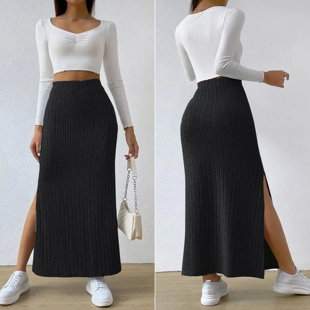 IMIEMIE Spring Autumn Casual Women High Waist Skirt Sexy Knitted Side Slit Skirt Elegant Solid Office Long Skirts For Women Fashion 2024