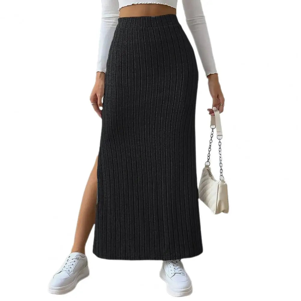 IMIEMIE Spring Autumn Casual Women High Waist Skirt Sexy Knitted Side Slit Skirt Elegant Solid Office Long Skirts For Women Fashion 2024