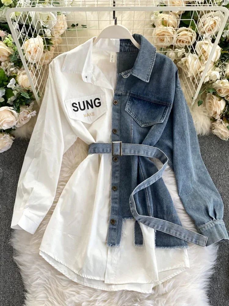 IMIEMIE Spring Autumn Women's Denim Shirt Color Contrast Patchwork Lace Up Blouse Shows Thin Versatile Top Fashion GD596