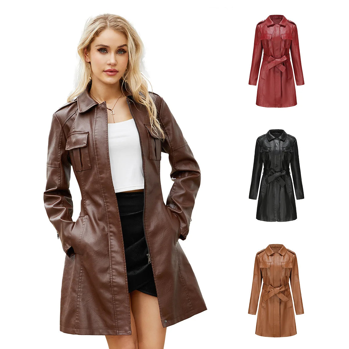 IMIEMIE Spring Autumn Women's Leather Windbreaker Fashionable British Coat For Women Long Leather Jacket With Belt Pocket Lapel Coats