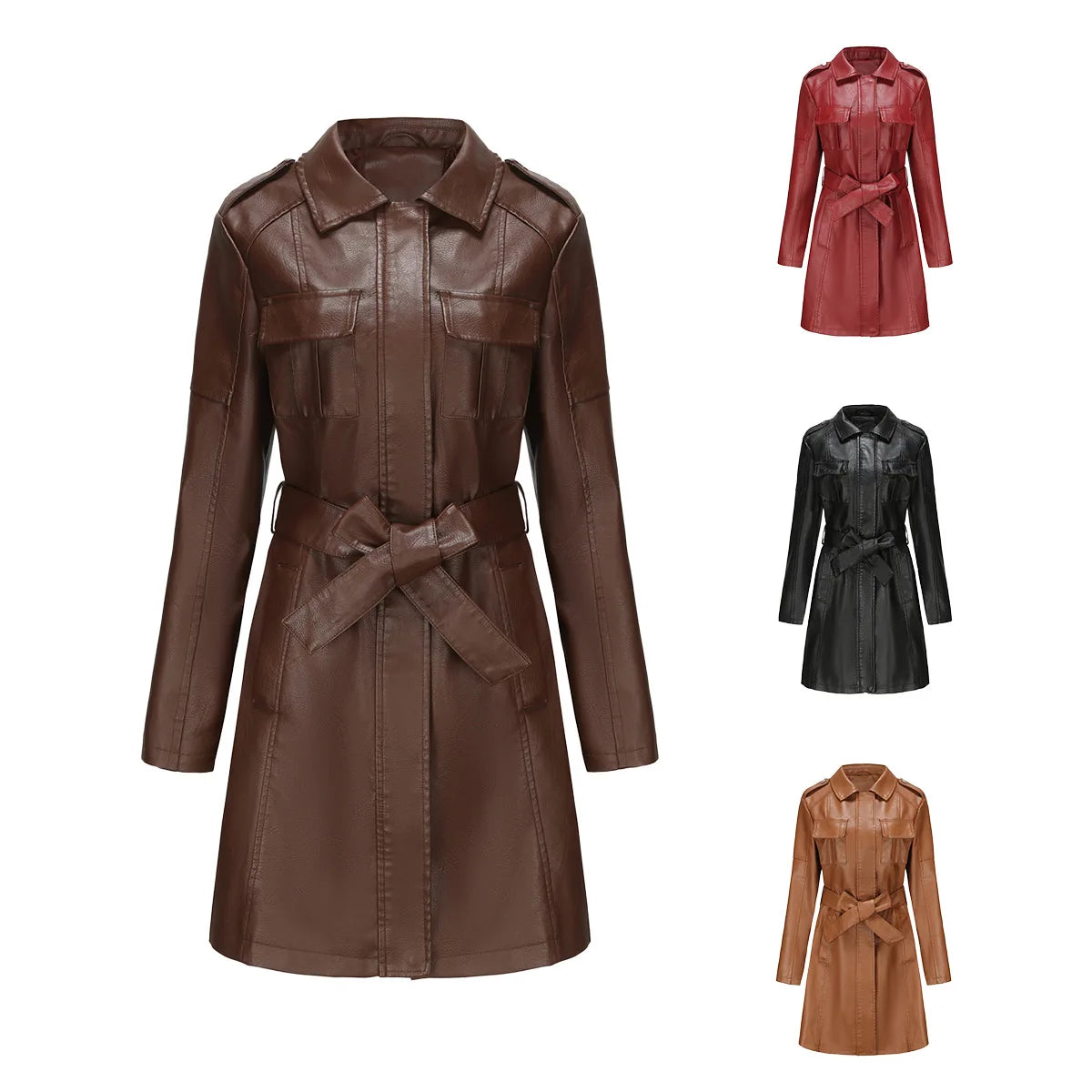 IMIEMIE Spring Autumn Women's Leather Windbreaker Fashionable British Coat For Women Long Leather Jacket With Belt Pocket Lapel Coats