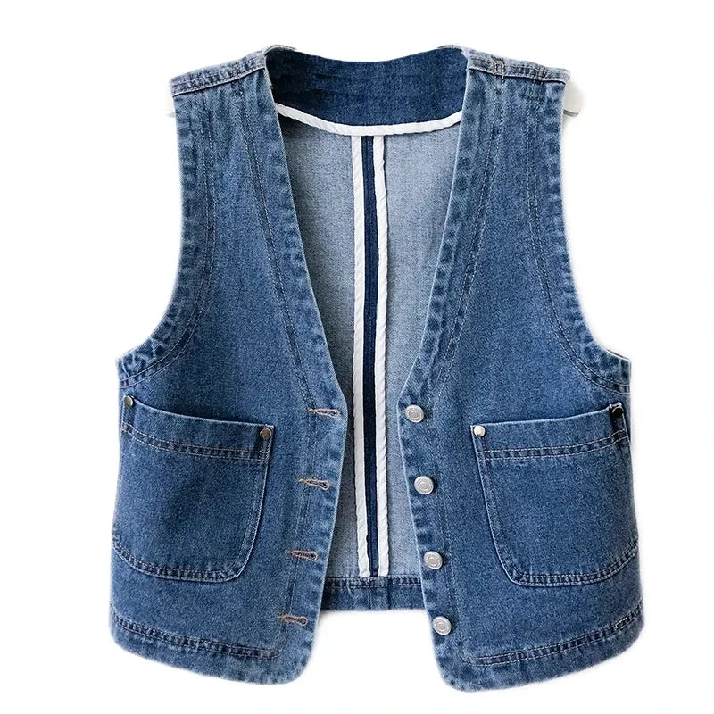 HAIPURUNSpring Autumn Women's Short Denim Vest Jacket Single Breasted Korean Slim Casual Jeans Vest Female Waistcoat Tops Chaleco Mujer