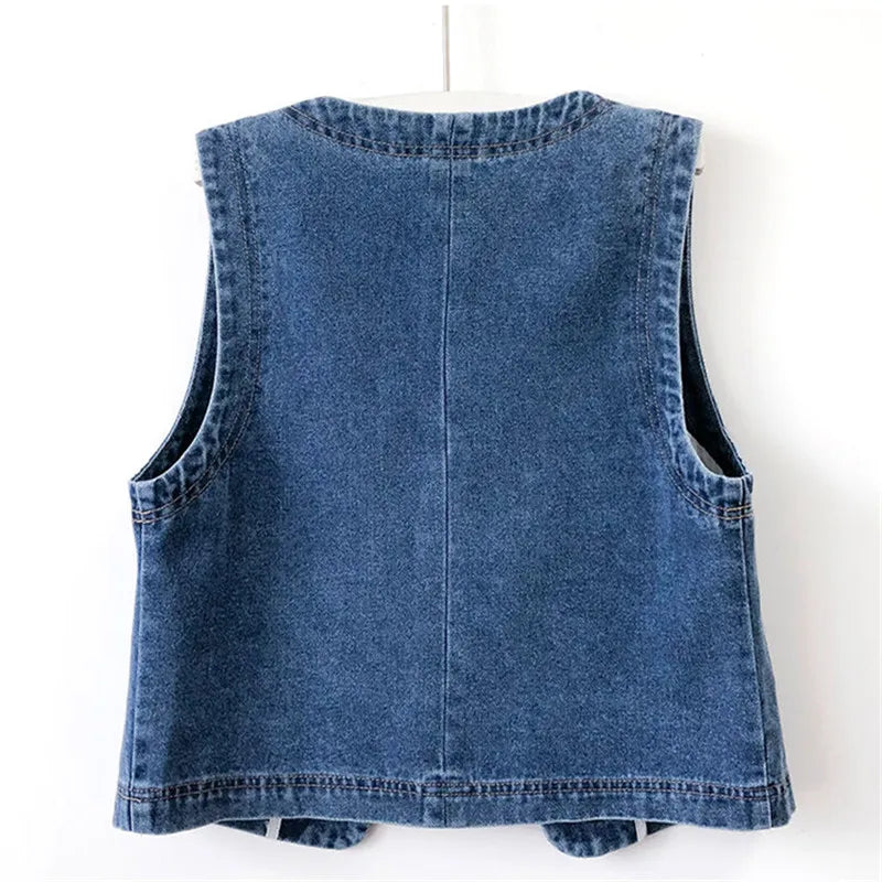 HAIPURUNSpring Autumn Women's Short Denim Vest Jacket Single Breasted Korean Slim Casual Jeans Vest Female Waistcoat Tops Chaleco Mujer