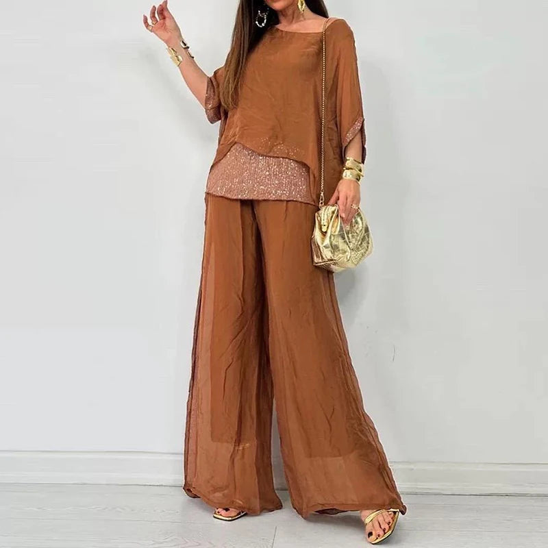 IMIEMIE Spring Splicing Sequin Chiffon Set Women Casual Round Neck Top Pullover & Wide Leg Pants Suit Summer Batwing Sleeve Loose Outfit