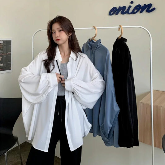 IMIEMIE Spring Summer 2024 Women Shirt Oversize Elegant Blouses for Women Lantern Sleeve White Shirt Mid-length Shir Coat Women Tunic