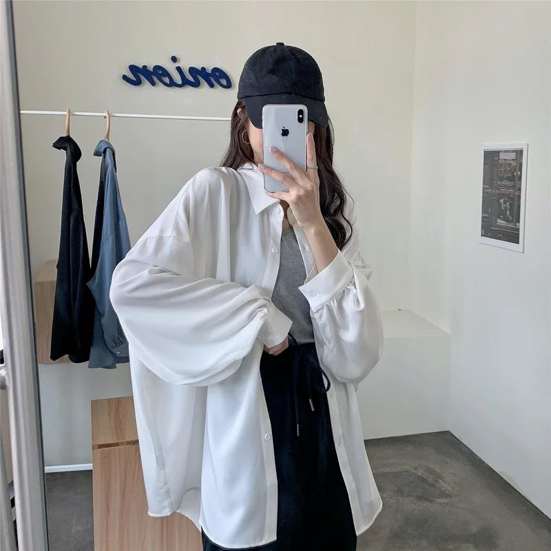 IMIEMIE Spring Summer 2024 Women Shirt Oversize Elegant Blouses for Women Lantern Sleeve White Shirt Mid-length Shir Coat Women Tunic