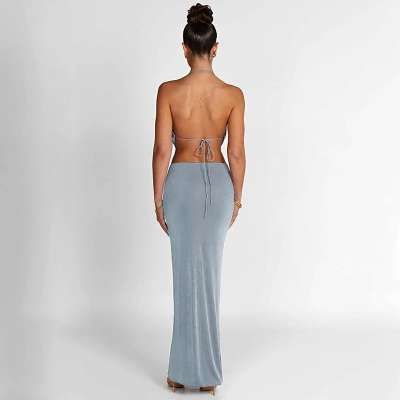 IMIEMIE Spring Summer 2024 Women Sexy Club Party Outfits Sleeveless Backless Crop Top Camis +Maxi Bodycon Skirt Two Piece Matching Sets