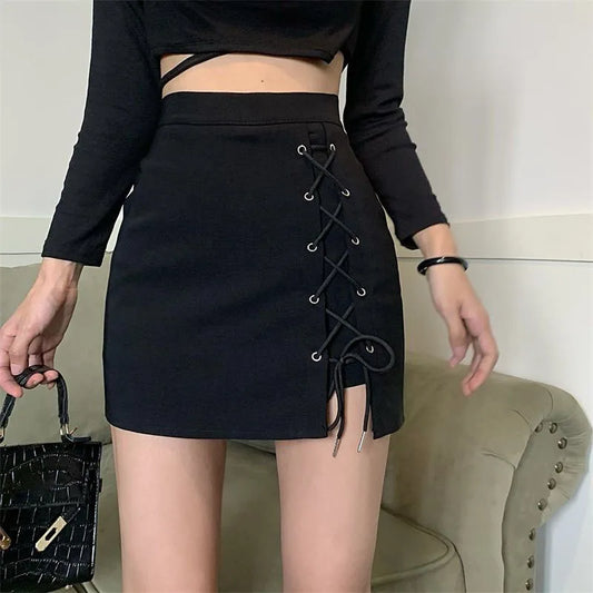 IMIEMIE Spring Summer High Waist Mini Skirt Women Sexy Skinny Lace Up Black Short Skirts Woman Streetwear Gothic Y2K Bodycon Skirts