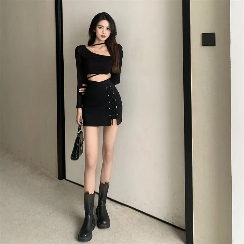 IMIEMIE Spring Summer High Waist Mini Skirt Women Sexy Skinny Lace Up Black Short Skirts Woman Streetwear Gothic Y2K Bodycon Skirts